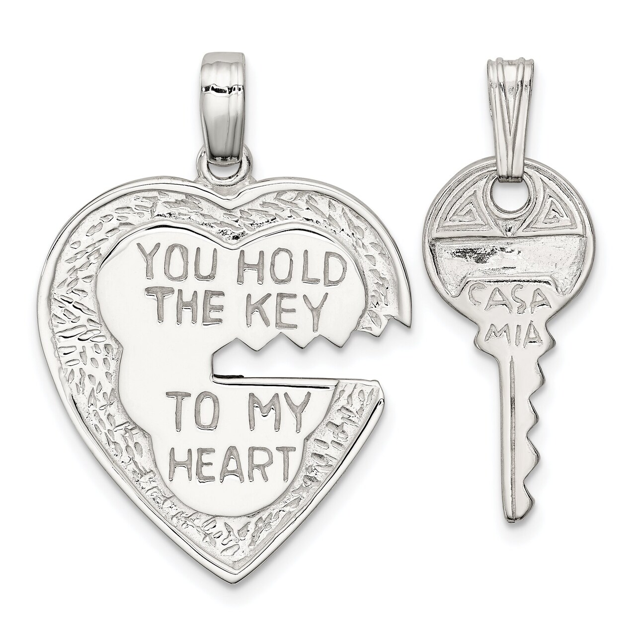 Sterling Silver Heart and Key Charm Love Pendant Jewerly 30mm x 22mm